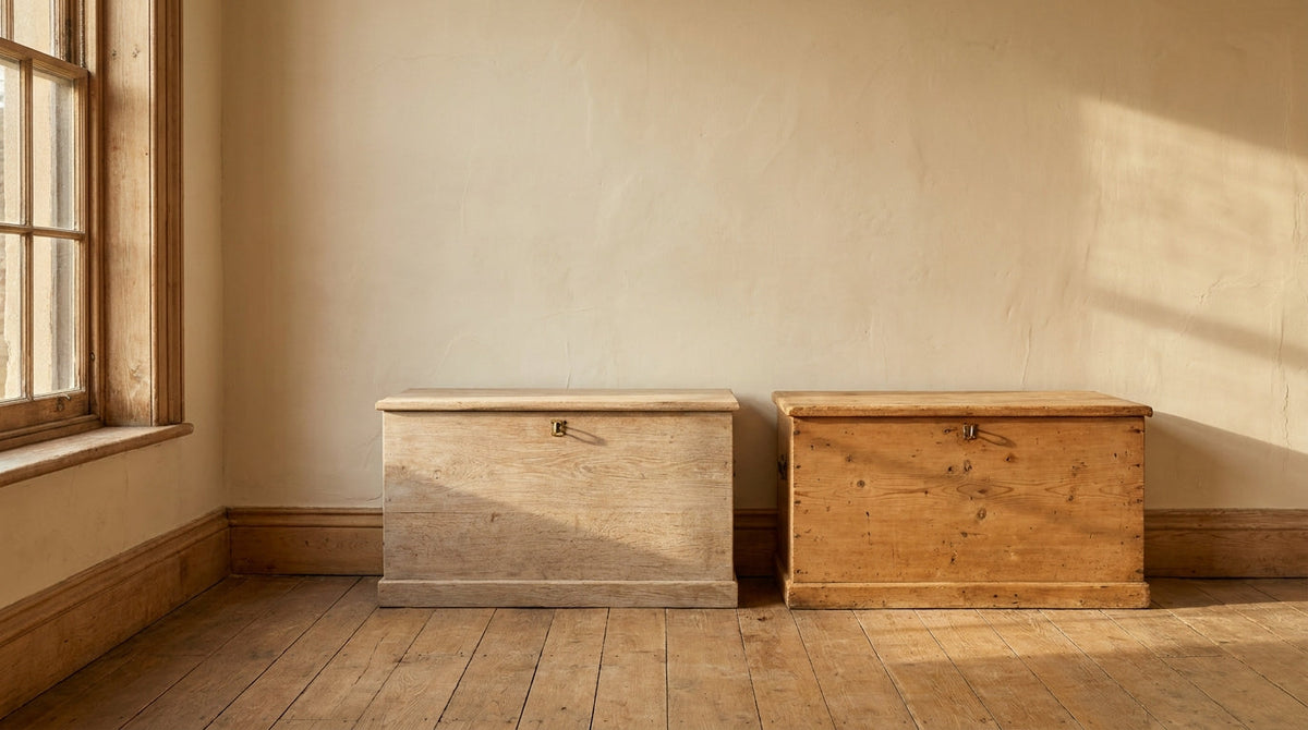 Lifestyle scene featuring bleached elm and reclaimed pine chests. AI-generated supplementary image; refer to primary product photos for color and material accuracy.