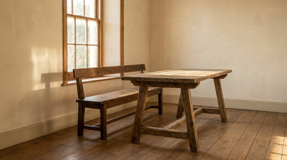 Lifestyle scene featuring a solid wood dining bench. AI-generated supplementary image; refer to primary product photos for color and material accuracy.