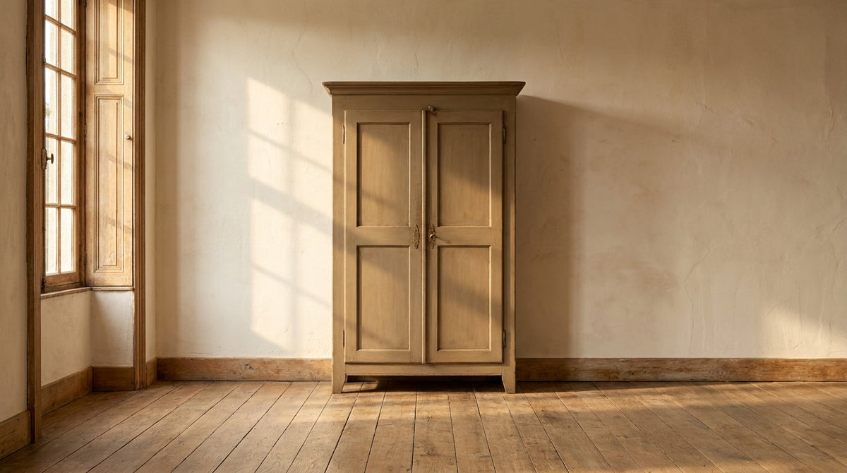 Lifestyle scene featuring a painted hardwood armoire. AI-generated supplementary image; refer to primary product photos for color and material accuracy.