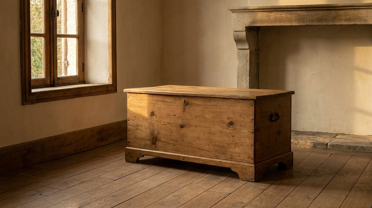 Lifestyle scene featuring a hand-finished reclaimed pine chest. AI-generated supplementary image; refer to primary product photos for color and material accuracy.