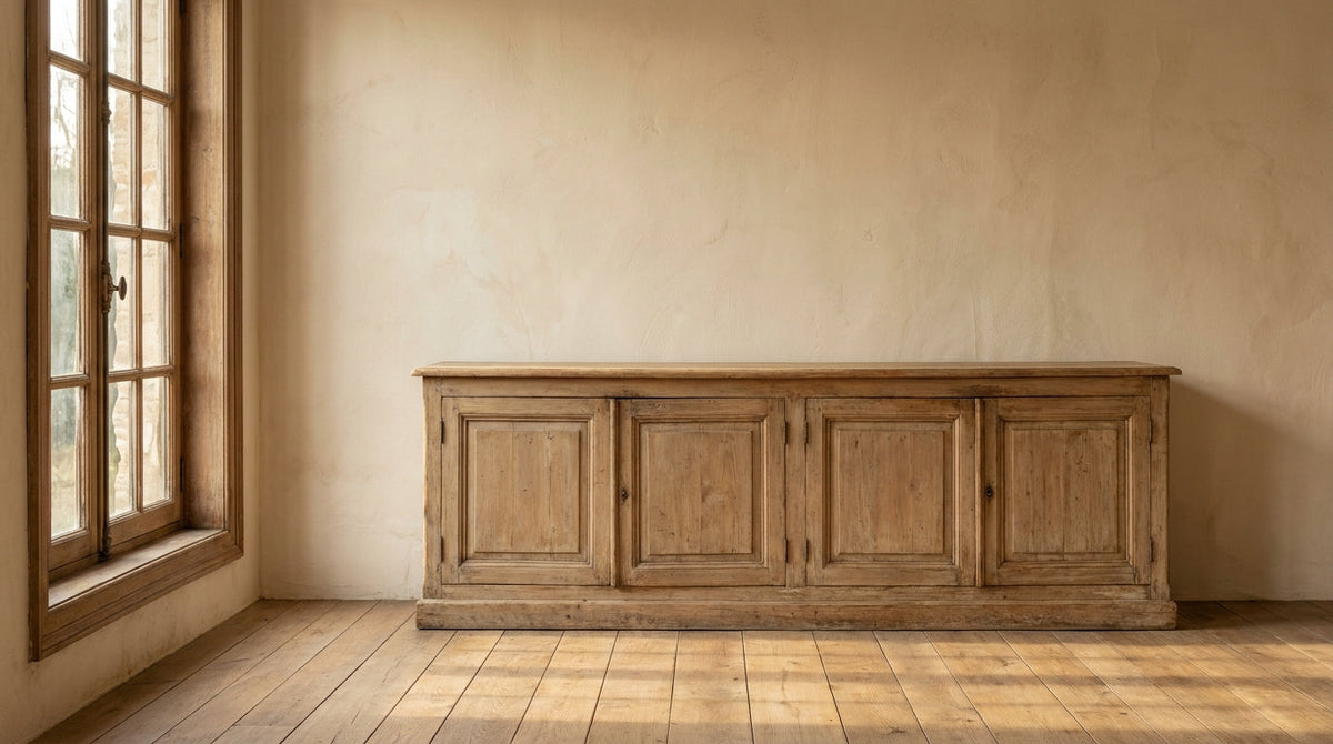 Lifestyle scene featuring a reclaimed pine sideboard. AI-generated supplementary image; refer to primary product photos for color and material accuracy.
