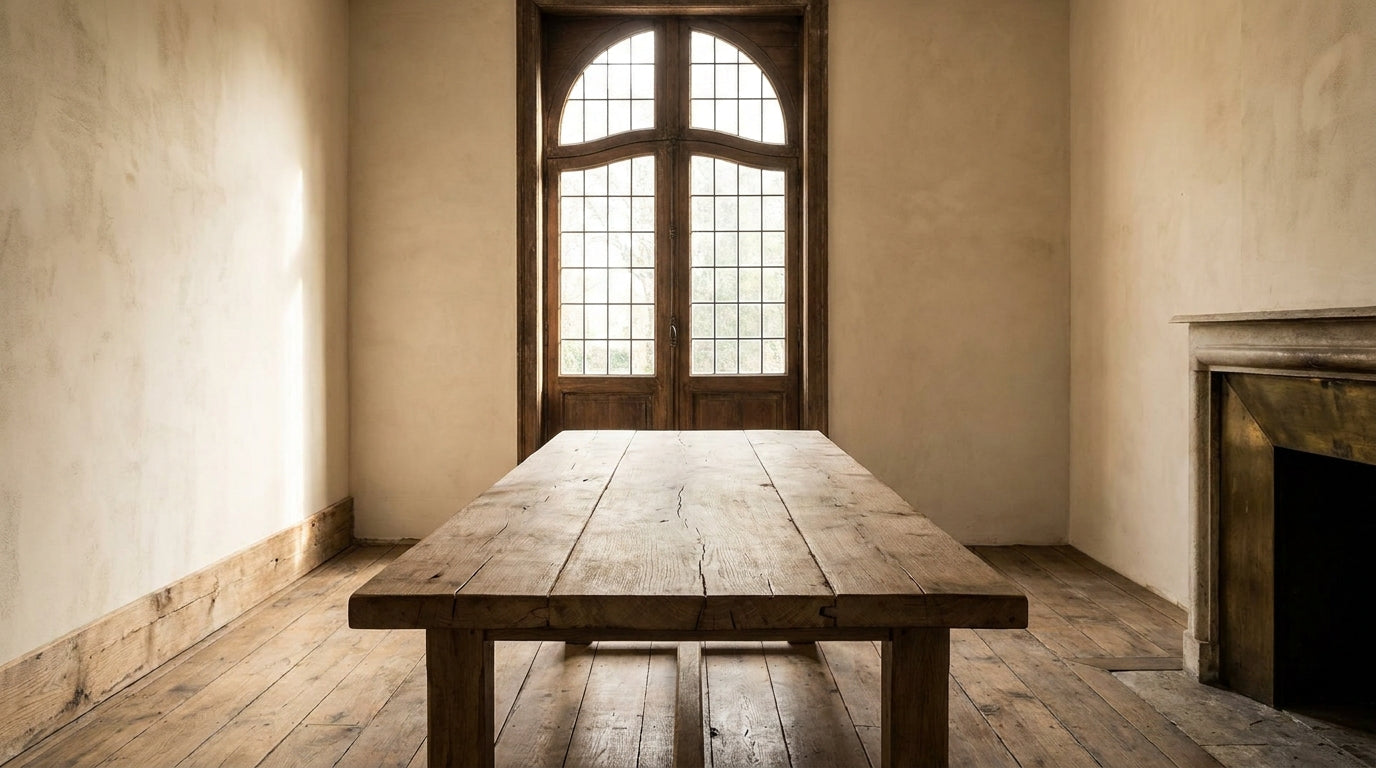 Lifestyle scene featuring a reclaimed wood dining table. AI-generated supplementary image; refer to primary product photos for color and material accuracy.