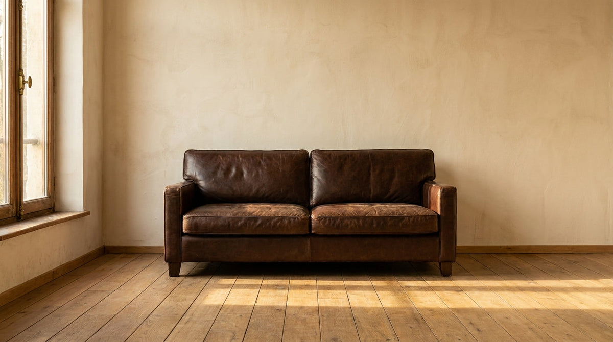 Lifestyle scene featuring an antique leather sofa. AI-generated supplementary image; refer to primary product photos for color and material accuracy.