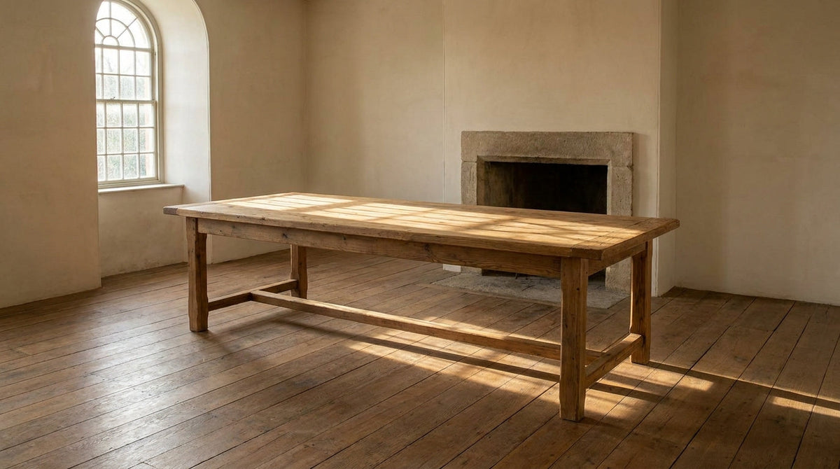 Lifestyle scene featuring a reclaimed pine dining table. AI-generated supplementary image; refer to primary product photos for color and material accuracy.