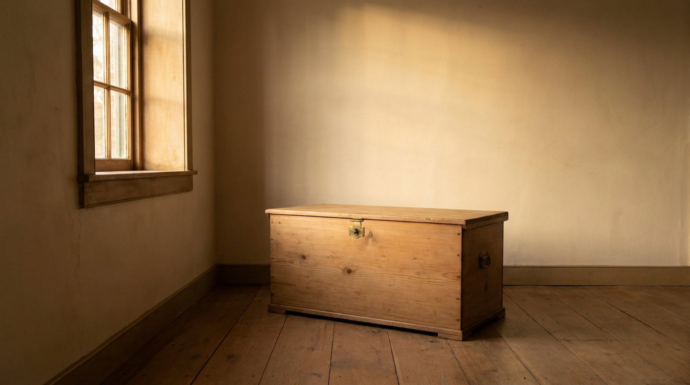Lifestyle scene featuring a reclaimed pine chest. AI-generated supplementary image; refer to primary product photos for color and material accuracy.