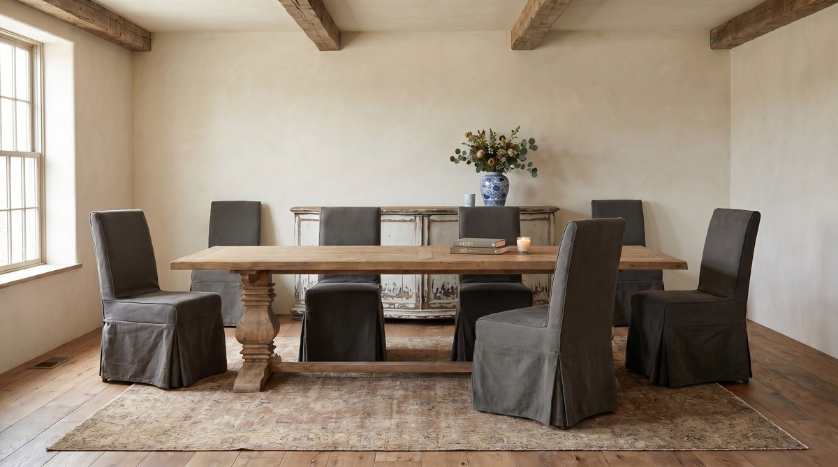 Emma Grace Home dining room with a reclaimed oak trestle table, grey linen slipcovered chairs and a distressed sideboard
