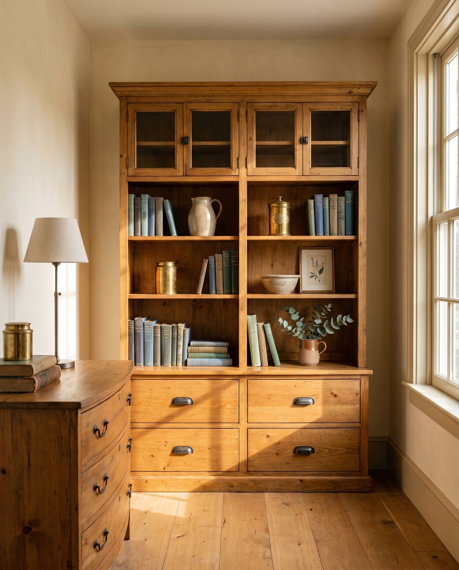 Emma Grace Home Storage hero: reclaimed pine glazed bookcase with four upper doors and four lower drawers with bin pulls, styled with vintage books, ceramic and brass vessels, eucalyptus, alongside a reclaimed pine bowfront chest with classical table lamp, warm cream plaster, oak floors.