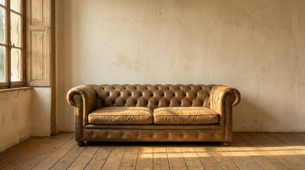 Lifestyle scene featuring an antique leather sofa. AI-generated supplementary image; refer to primary product photos for color and material accuracy.