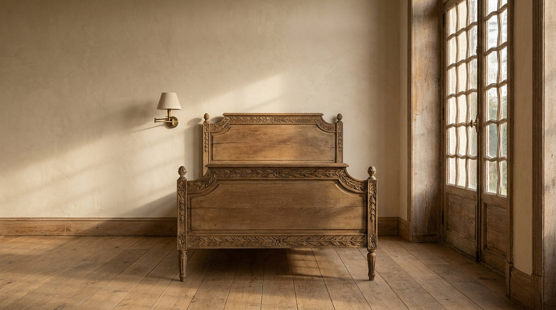 Lifestyle scene featuring a French country bed frame. AI-generated supplementary image; refer to primary product photos for color and material accuracy.