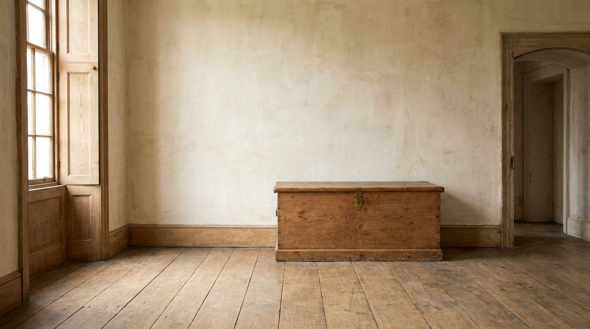 Lifestyle scene featuring a reclaimed pine chest. AI-generated supplementary image; refer to primary product photos for color and material accuracy.