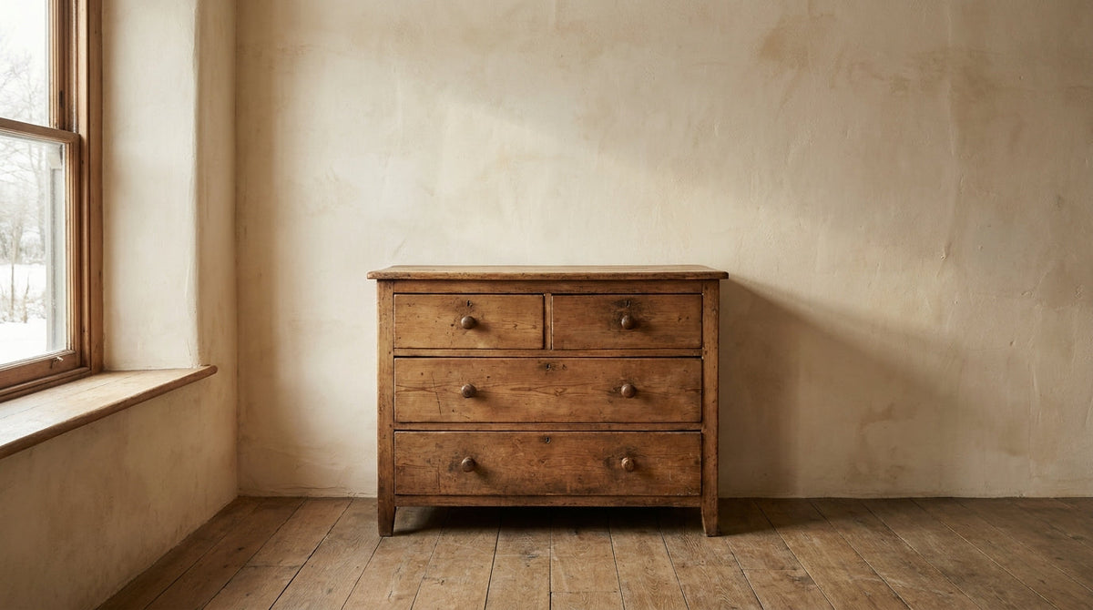 Lifestyle scene featuring a reclaimed pine chest. AI-generated supplementary image; refer to primary product photos for color and material accuracy.