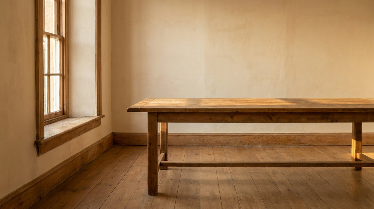 Lifestyle scene featuring a reclaimed pine dining table. AI-generated supplementary image; refer to primary product photos for color and material accuracy.