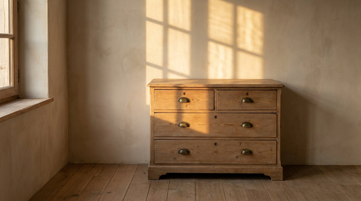 Lifestyle scene featuring a reclaimed pine chest of drawers. AI-generated supplementary image; refer to primary product photos for color and material accuracy.
