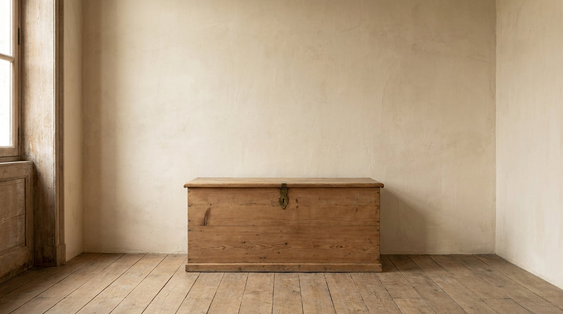 Lifestyle scene featuring a reclaimed pine chest. AI-generated supplementary image; refer to primary product photos for color and material accuracy.