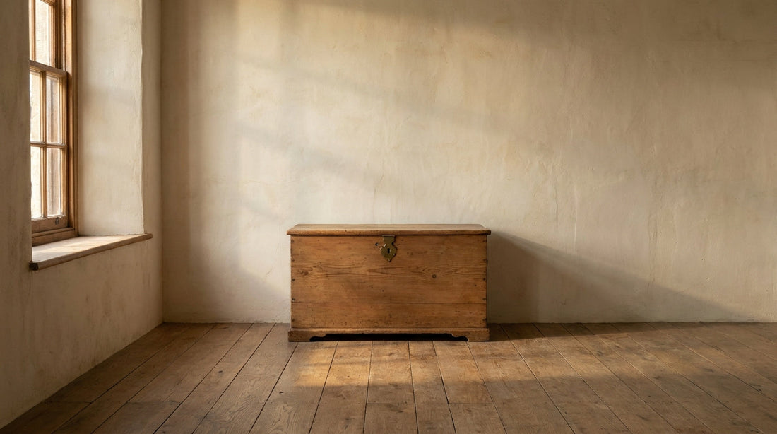 Lifestyle scene featuring a reclaimed pine chest. AI-generated supplementary image; refer to primary product photos for color and material accuracy.