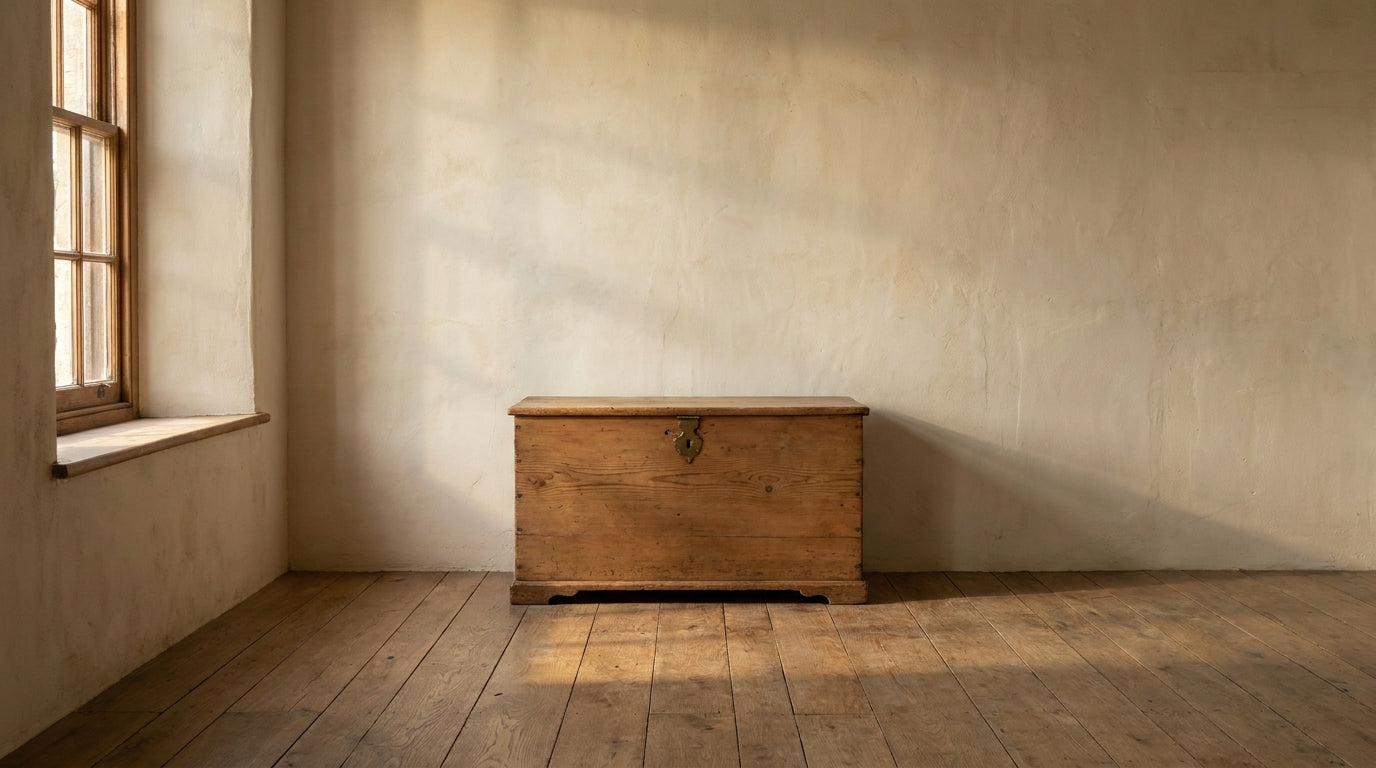 Lifestyle scene featuring a reclaimed pine chest. AI-generated supplementary image; refer to primary product photos for color and material accuracy.