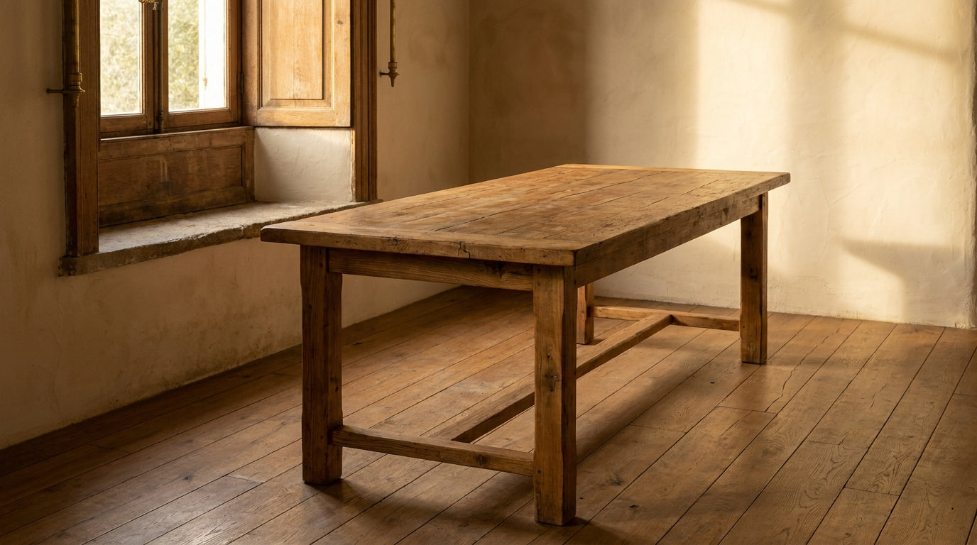 Lifestyle scene featuring a reclaimed pine dining table. AI-generated supplementary image; refer to primary product photos for color and material accuracy.