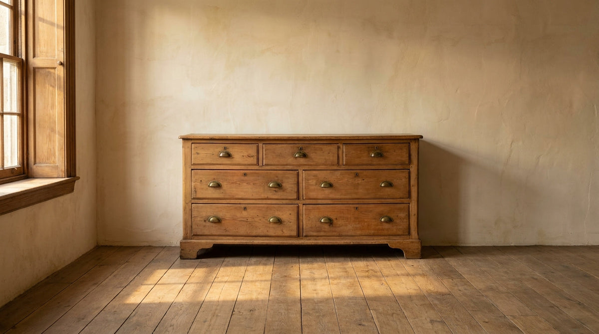 Lifestyle scene featuring a reclaimed pine dresser. AI-generated supplementary image; refer to primary product photos for color and material accuracy.