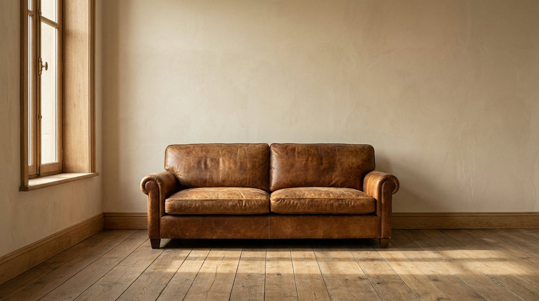 Lifestyle scene featuring an antique buffalo leather sofa. AI-generated supplementary image; refer to primary product photos for color and material accuracy.