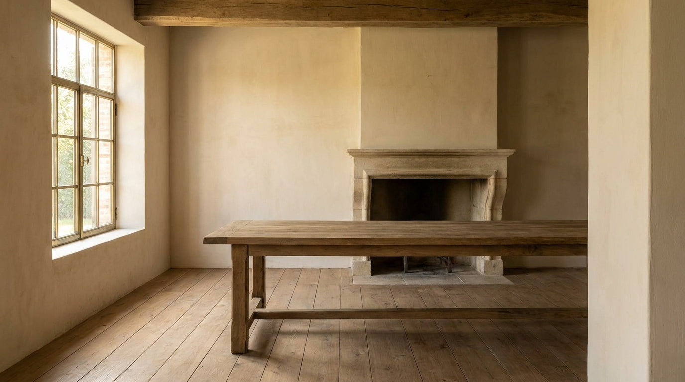 Lifestyle scene featuring a reclaimed oak French country dining table. AI-generated supplementary image; refer to primary product photos for color and material accuracy.