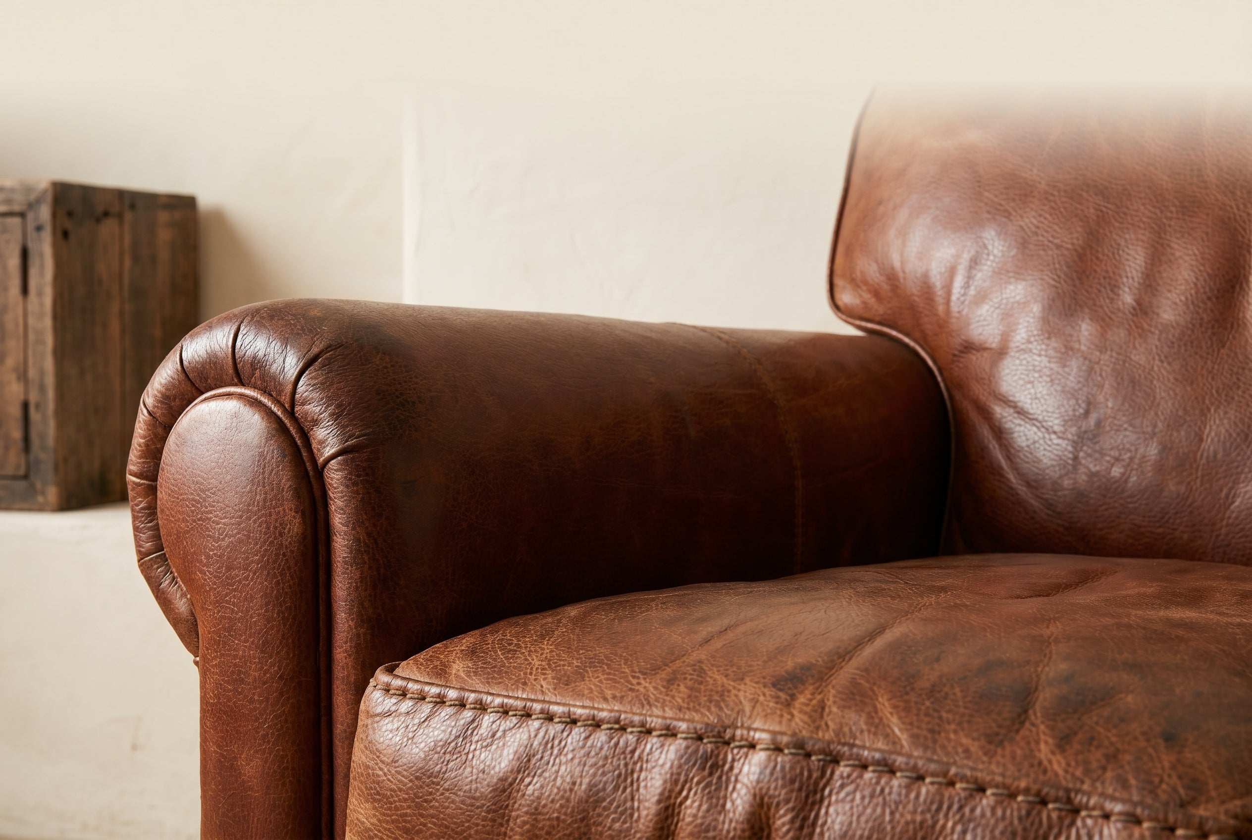 Antique buffalo leather club chair arm and seat in deep aged cognac, showing pull-up patina, natural pebble grain, and hand-stitched welting.