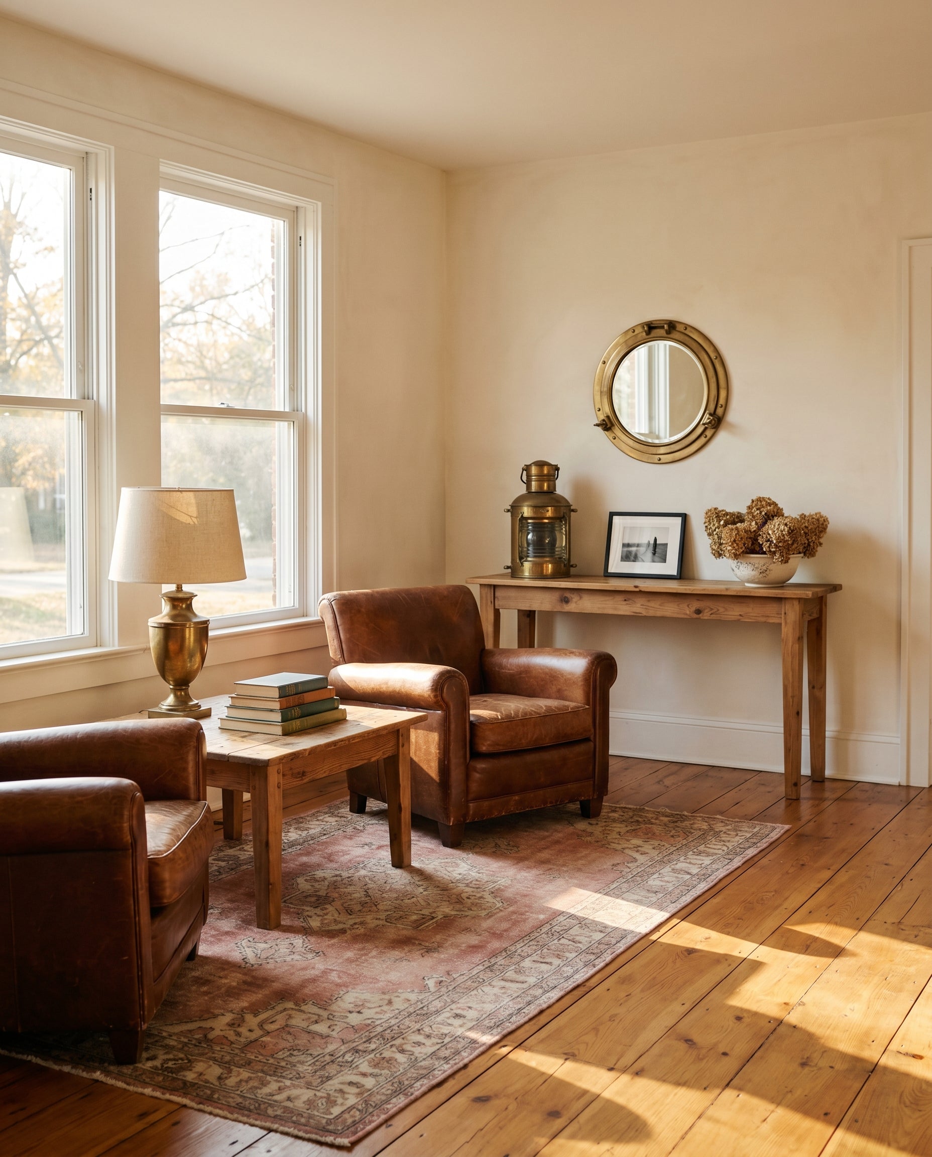Emma Grace Home Living Room: antique buffalo leather club chairs, reclaimed pine coffee table, vintage Persian rug, brass porthole mirror, warm cream plaster walls in late afternoon light.