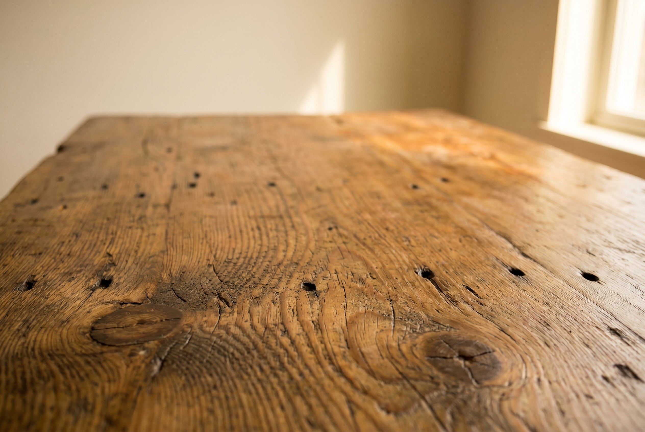 Weathered reclaimed pine tabletop close-up showing wood grain, old saw marks, scattered nail holes, and a hand-rubbed wax sheen catching warm afternoon light.