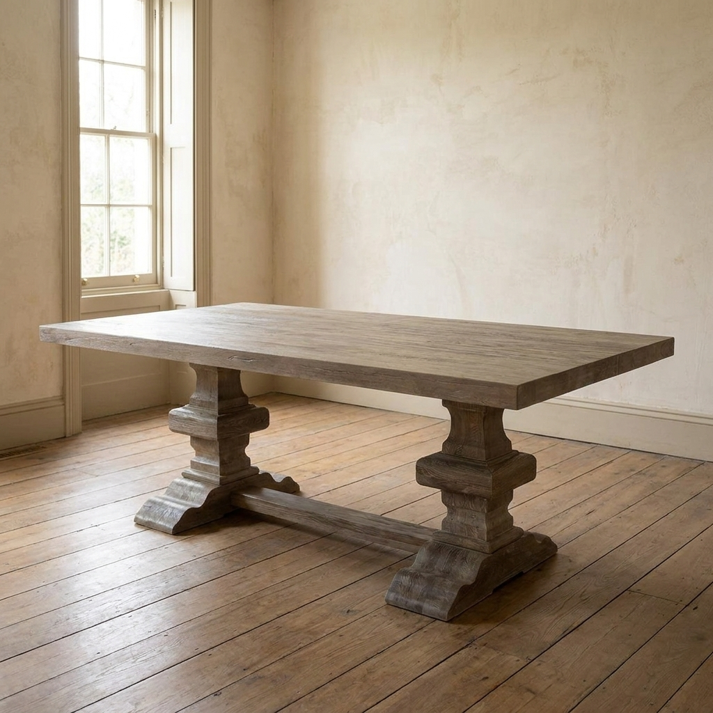Reclaimed wood tables for dining, living, and entry rooms at Emma Grace Home