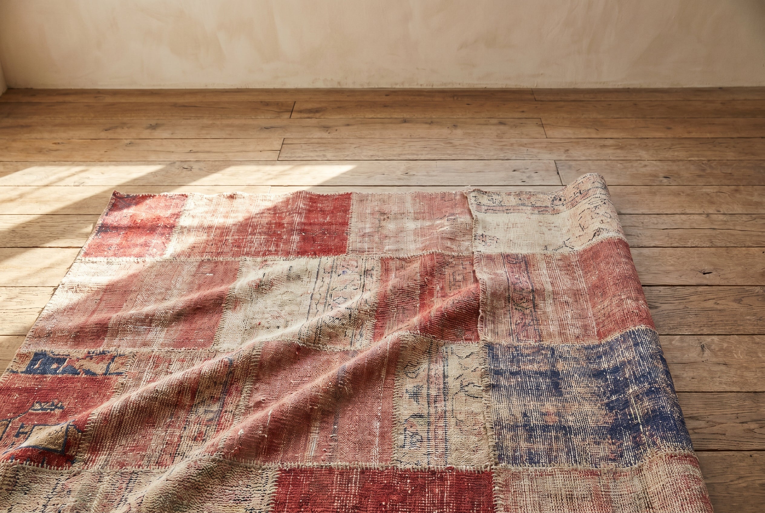 Vintage Turkish patchwork rug on wide oak plank floor in faded reds, creams, dusty rose, and aged indigo, with warm window light across the weave.