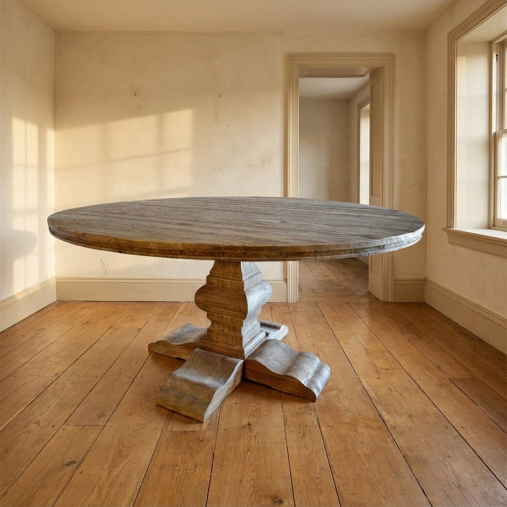 Lifestyle scene featuring 60" Round Dining Table In Elm. AI-generated supplementary image; refer to primary product photos for color and material accuracy.
