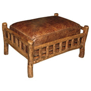 Root footstool with a leather seat and slatted wood frame.