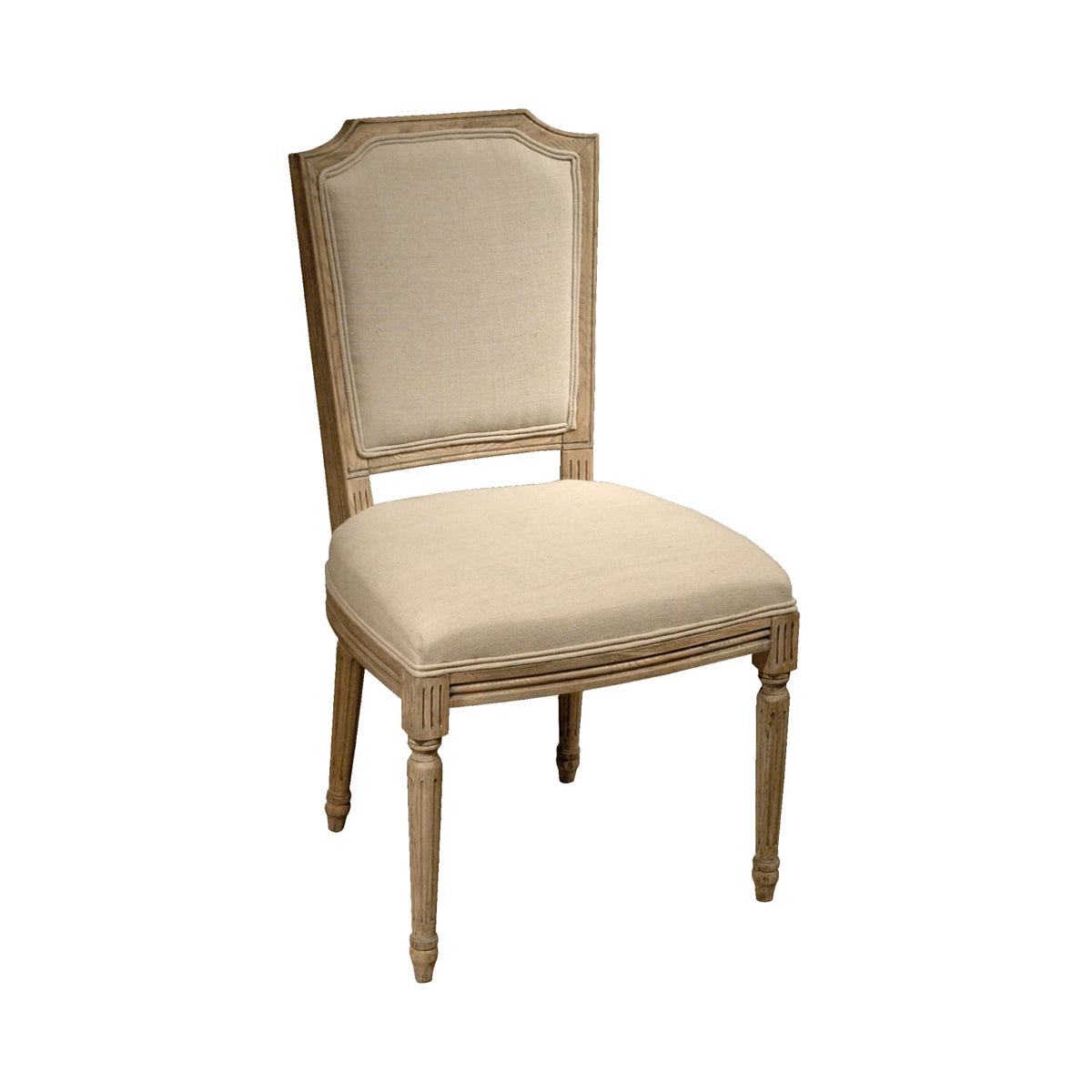 Linen-upholstered side chair with a natural oak frame and turned spindle legs