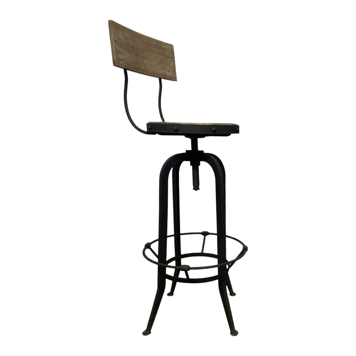 Elm-seat barstool with a low wood back on a dark rustic steel adjustable frame