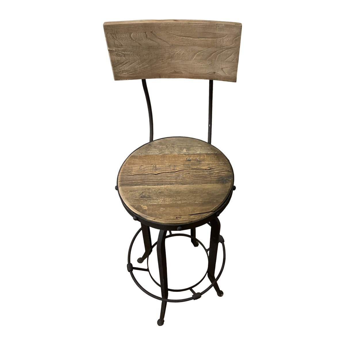 Elm-seat barstool with a low wood back on a dark rustic steel adjustable frame