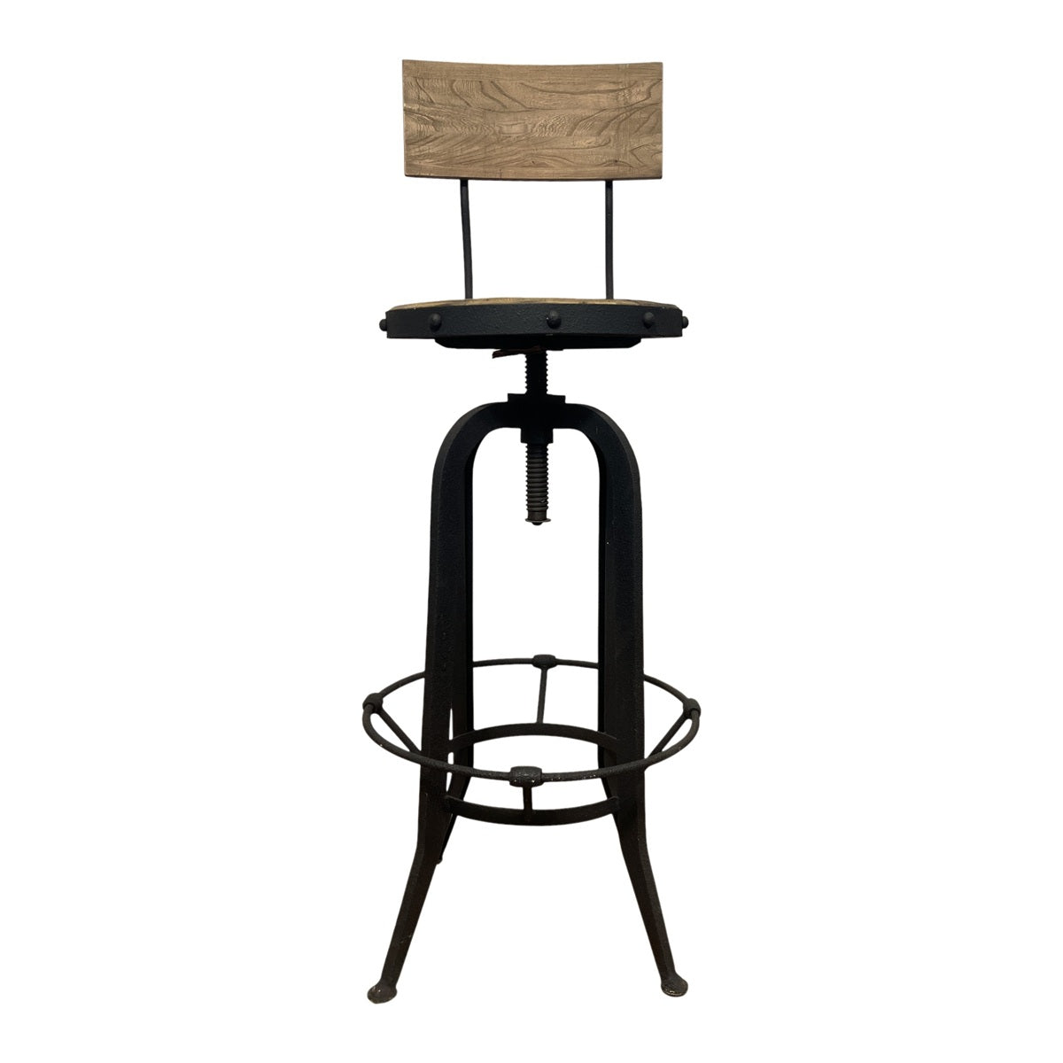 Elm-seat barstool with a low wood back on a dark rustic steel adjustable frame