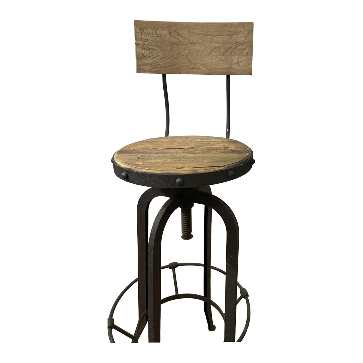 Elm-seat barstool with a low wood back on a dark rustic steel adjustable frame