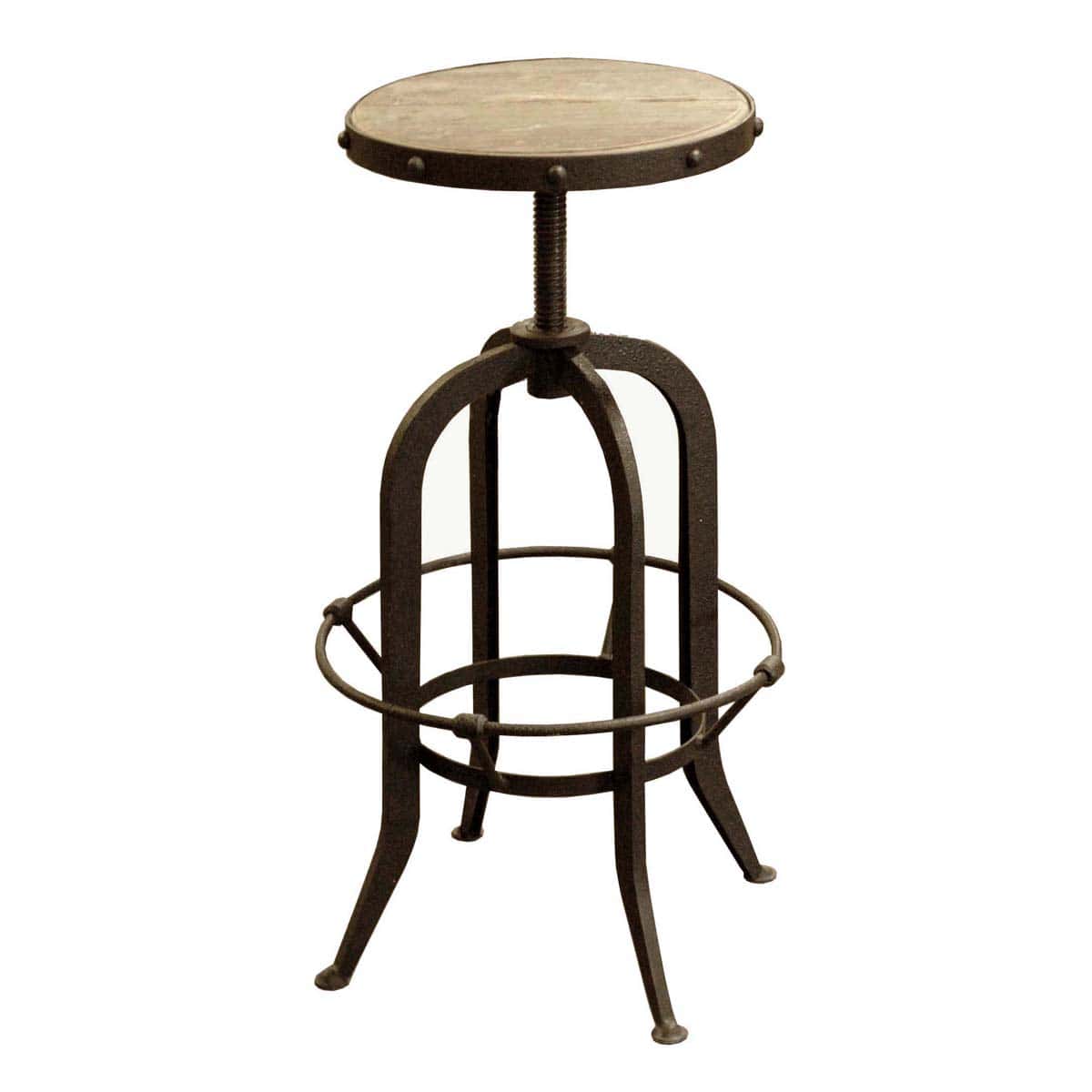 Round elm-top stool on a dark rustic steel adjustable frame with ring footrest