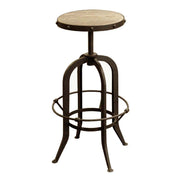 Round elm-top stool on a dark rustic steel adjustable frame with ring footrest