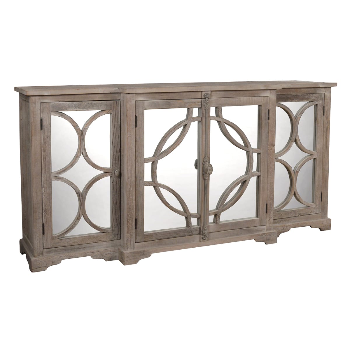 Reclaimed elm breakfront sideboard with mirrored doors and curved geometric overlays