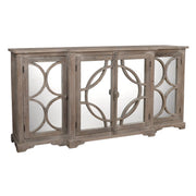 Reclaimed elm breakfront sideboard with mirrored doors and curved geometric overlays