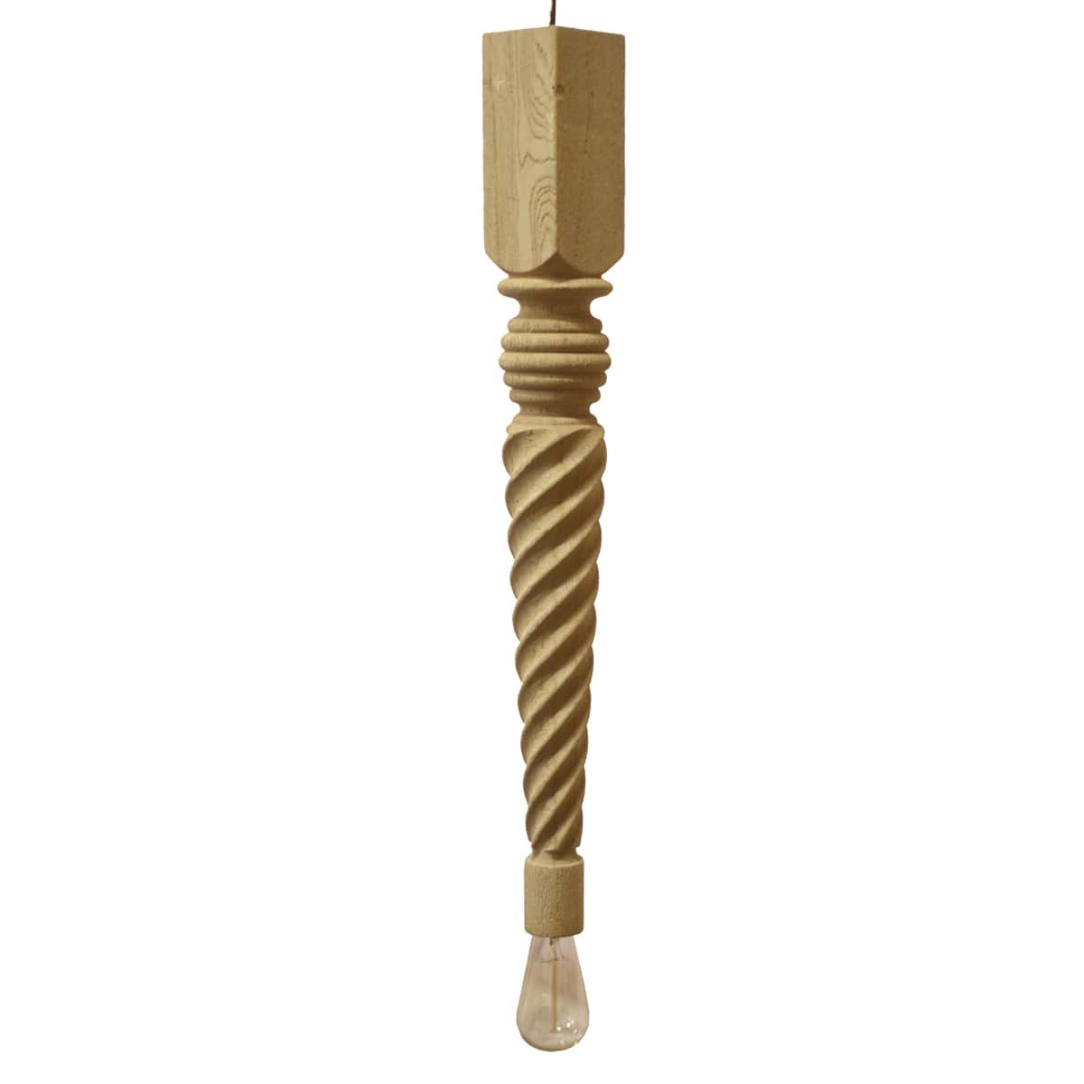 Twisted oak spindle pendant light with spiral carved shaft, solid wood