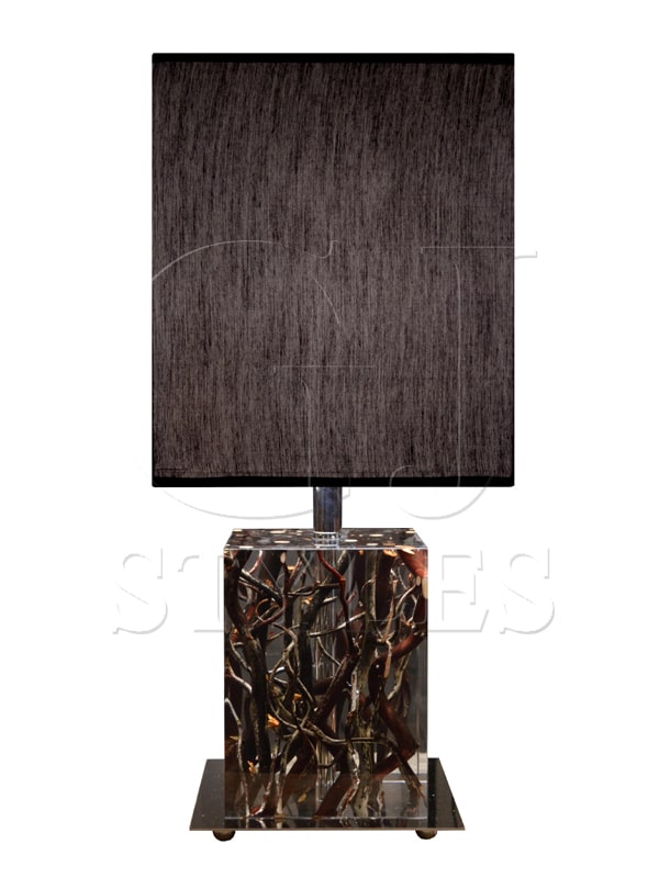 Square clear acrylic table lamp with branch-like twigs encased inside