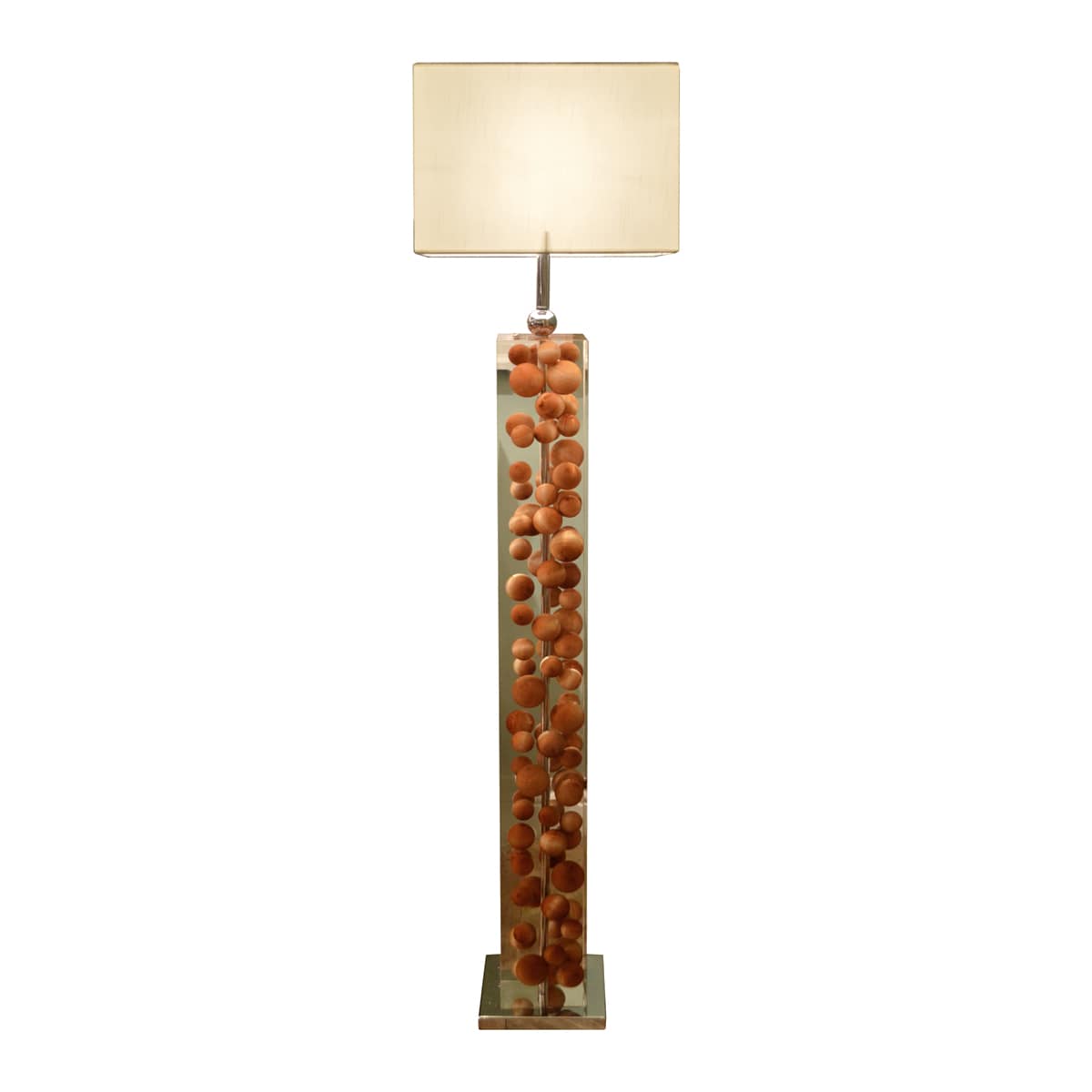Tall square acrylic floor lamp with suspended floating spheres inside