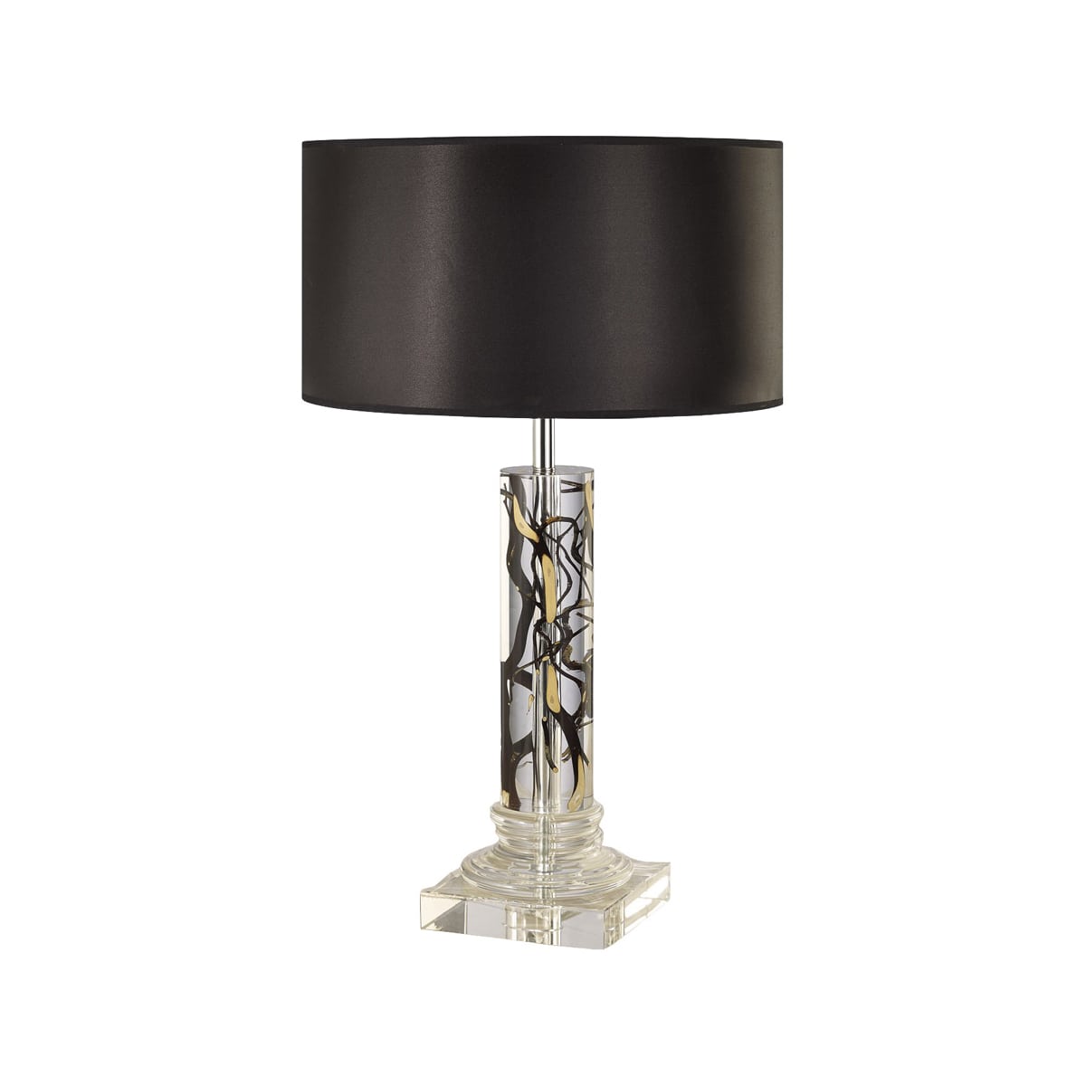 Tall cylindrical acrylic lamp with twigs encased, topped by round shade