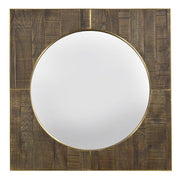 Round mirror with a brushed steel ring set in a square oak frame