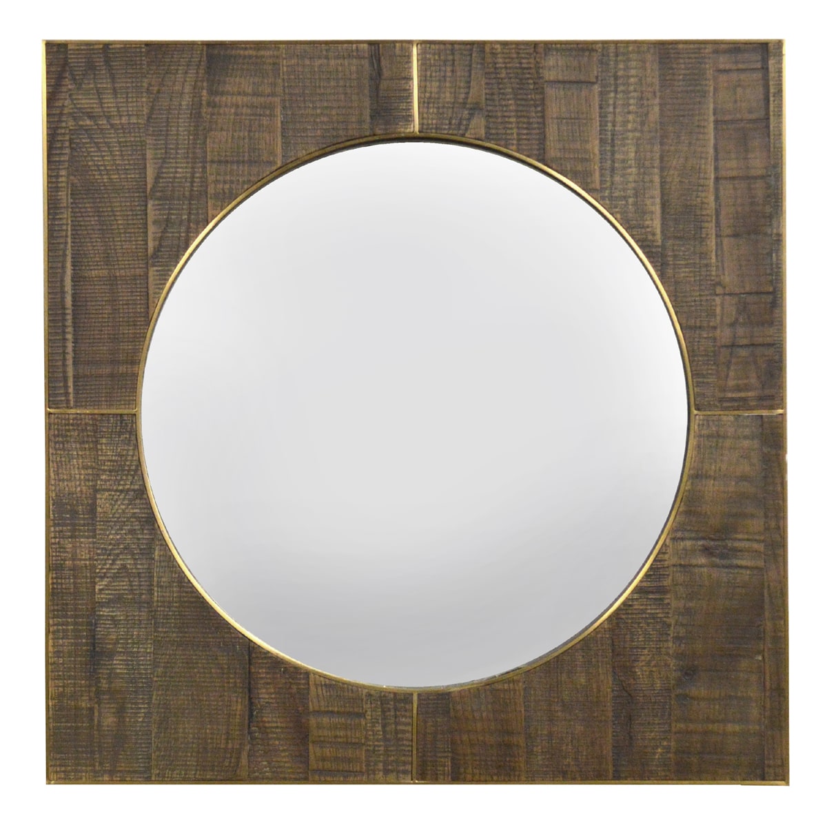 Round mirror with a brushed steel ring set in a square oak frame