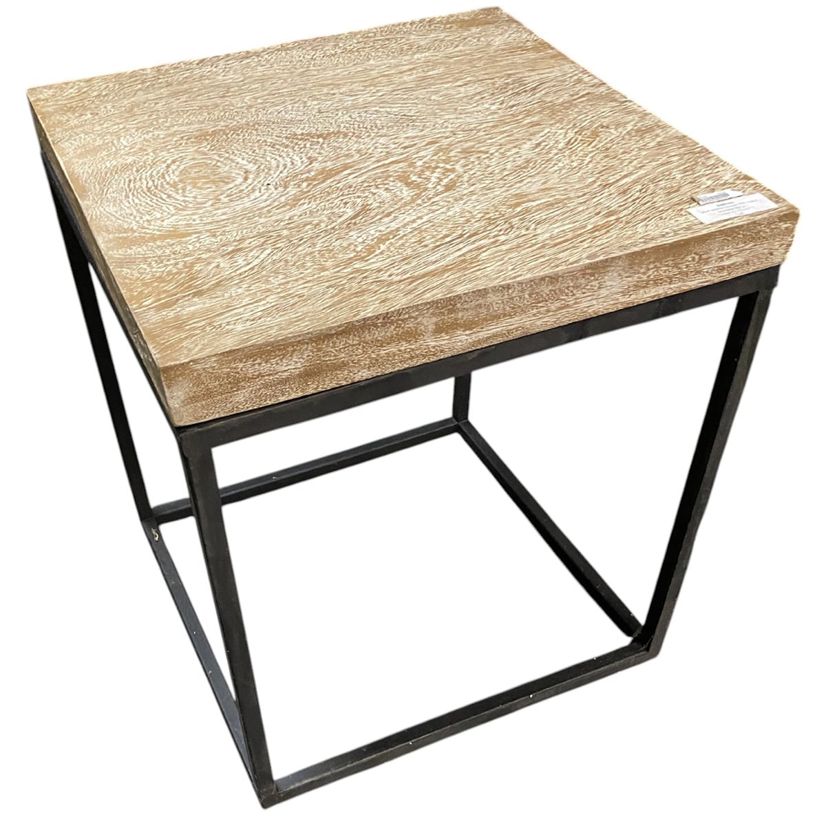 Square suar wood end table with light wash finish on a minimal steel base