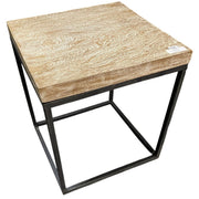 Square suar wood end table with light wash finish on a minimal steel base