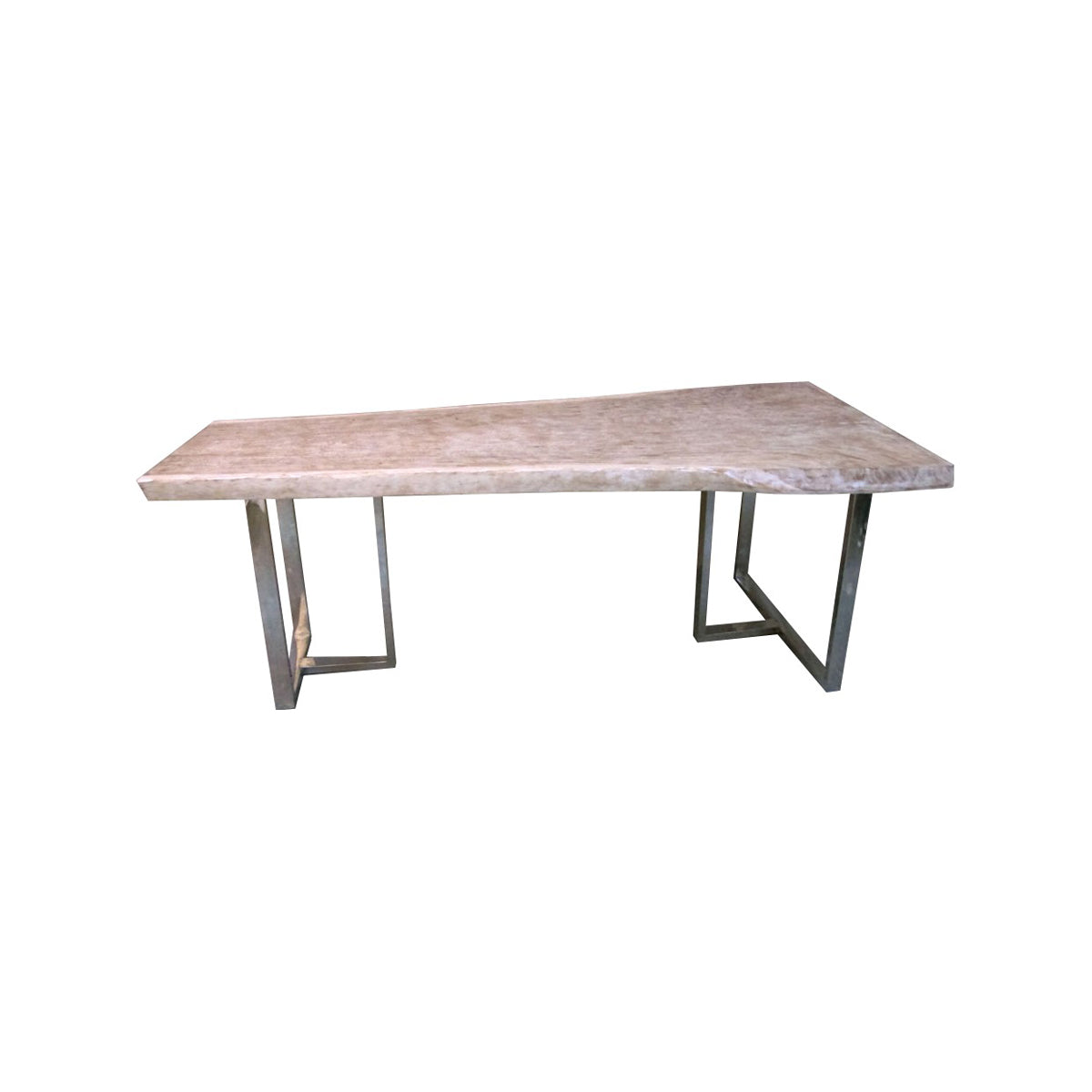 Long suar wood bar table with washed finish on a minimal metal base