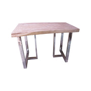 Suar wood bar table with washed finish on a minimal metal base